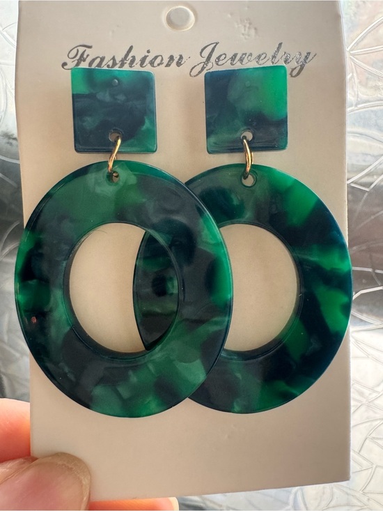 Fashion Jewelry Jewelry - Fashion Jewelry Dark Green & Teal Marbled Hoop Drop Earrings